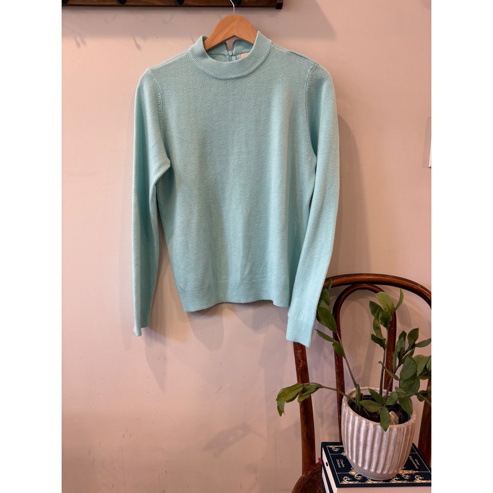 Vintage Carolyn Taylor Aqua Blue Mock Neck Back Zip Sweater